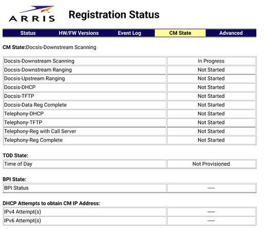 Screenshot eines ARRIS Kabelinternet Modems.
Die Seite zeigt die verschiedenen Schritte zum Aufbau einer Docsis Verbindung.
Der erste Schritt "Docsis Downstream Scanning" steht auf "In Progress"

Alle Punkte danach auf "Not started"