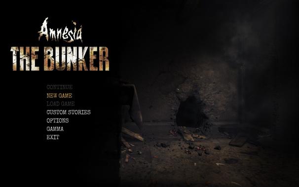The title screen for Amnesia: The Bunker
Next to the menu items, it shows a rubble-strewn hole at the base of a stone wall