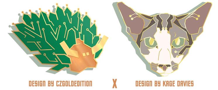 Two enamel pin designs. The one on the left is a leaf sheep sea slug designed to look like a green, gold, and copper printed circuit board (PCB). The one on the right is a tabby cat face with geometric circuit board elements. Text on the bottom reads: "Design by CZGoldEdition x Design by Kage Davies".