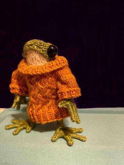 A small green knit frog with huge sculpted and woven feet stands upright on an aqua tablet case while wearing an oversized orange turtleneck knit sweater.