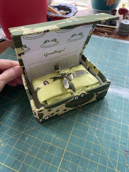 Part of an old white lady hand holds open a flip top gift box that sits on a green cutting mat. There are a few planters visible in the background, along with general hand-maker chaos. The box is covered in fabric printed in various greens with cute, cartoony frog heads with big eyes and red smiles, while cutesy flies and spiders evade their slim, dotted red tongues. The inside of the box is covered in white paper with a hand drawn frog head motif printed in repeat in dark green ink. There is a welcome letter printed on the same paper but much paler, outlining what’s in the box and how to care for the frog and his sweater. The actual goods are nestled inside the box, wrapped in bright lime green tissue paper. A narrow ribbon of the fabric used to cover the box is tied in a bow around the wrapped up frog.