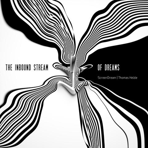 A black and white image of a small sculpture in the center that is a kind of "wall-hugger" figure, from which bands of black stream out - or in - in a fantastic manner.
There also is the text: "The inbound streams of dreams" printed left and right from the center.