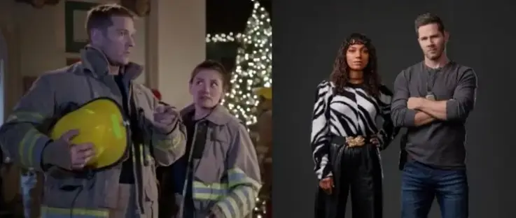 Luke Macfarlane with Vanessa Matsui in "A Shoe Addict's Christmas" and (right) with Lyndie Greenwood in "Crime Time: Freefall"