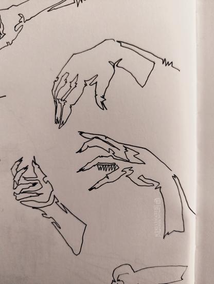 Black Fineliner on paper

Three sketches of hands, each done in one continuous line.