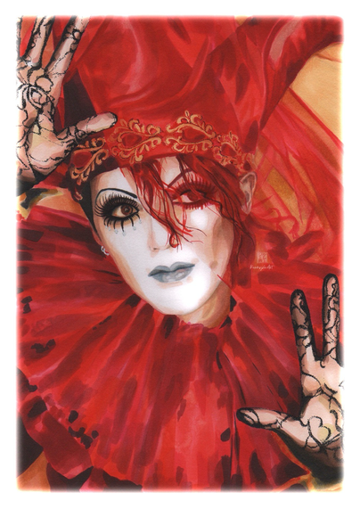 A close up portrait of a Venetian carnival style jester wearing red. A red organza collar and red satin three horned hat with gold brocade. The jester is holding his palms up and wearing black lace gloves. He has heavy eye make up with long lashes and blue lipstick. A thin red veil covers one half of his face.