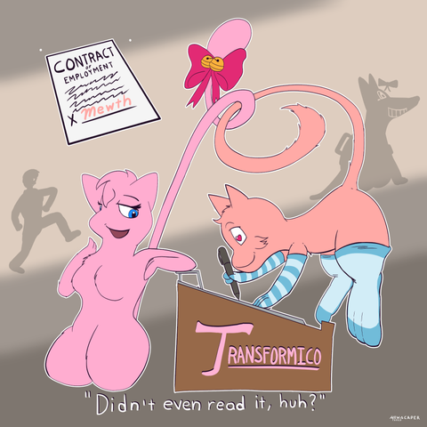 A cat-like Pokemon, a Mew named "Mewth," wears socks for handpaws and footpaws. He has hearts in his eyes as he signs a contract with a company called "Transformico." His employer, a feminine Mew named Mabel, entwines her tail around his, smirking. She comments, "Didn't even read it, huh?"

#Pokemon #Mew #Transformation #TF #Inanimate #InanimateTF #Socks