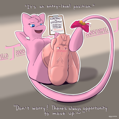 A cat-like Pokemon, a Mew named "Mewth," has been turned into a pair of socks with heart eyes. As a new employee of Transformico, they are being worn by their boss, a feminine Mew named Mabel. Mabel holds up the contract that Mewth didn't read, and comments: "It's an entry-level position. Don't worry! There's always opportunity to move up~"

#Pokemon #Mew #Transformation #TF #Inanimate #InanimateTF #Socks