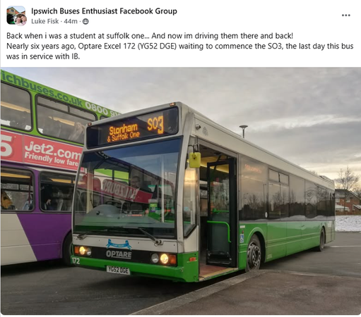Ipswich Buses Enthusiast Facebook Group
Luke Fisk 

Back when i was a student at suffolk one... And now im driving them there and back! Nearly six years ago, Optare Excel 172 (YG52 DGE) waiting to commence the SO3, the last day this bus was in service with IB.