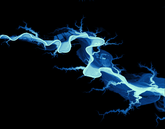 Relative Elevation Model of the Rappahannock River in central Virginia, United States. River is shown in various shades of blue to white on a black background.