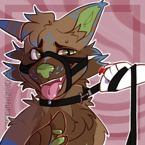 digital art of a furry character wearing a muzzle, collar, and leash. The leash is being pulled by a character off-screen.

Artwork by, CaffeinatedCultist