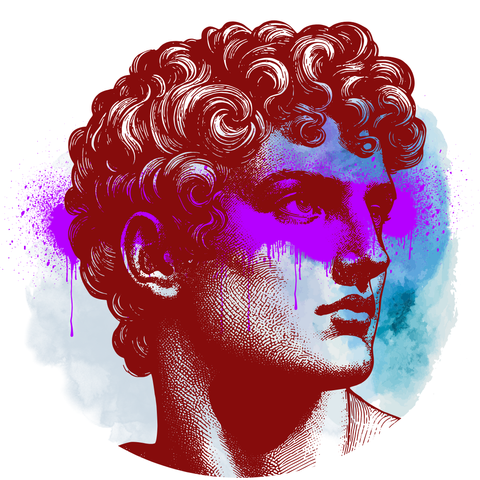 etched image of grecian human with short curls. A line of purple paint has been sprayed across their eyes.
