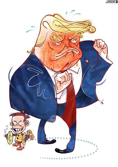 Cartoon showing a caricature of Trump dancing while a cymbal-banging monkey today with the face of Elon Musk walks around his feet.