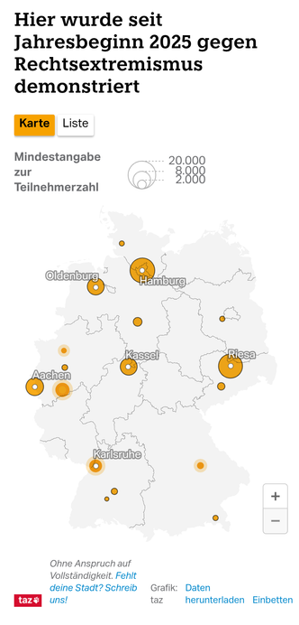 Eine Deutschlandkarte zeigt, wo Menschen im Januar gegen Rechtsextremismus demonstrierten