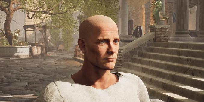 Primer plano de un hombre calvo y robusto de gesto noble.. Tras él, escaleras, estatuas, columnnas y árboles.