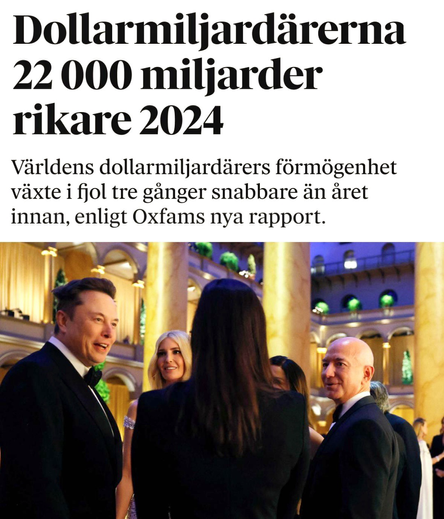 Foto på två miljardärer + trumps dotter - dollarmiljardärerna 22 000 miljarder rikare 2024 Världens dollarmiljardärers förmögenhet växte i fjol tre gånger snabbare än året innan, enligt Oxfams nya rapport.