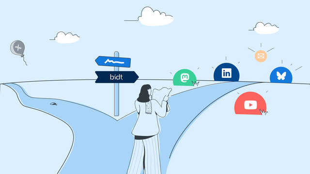 Die Illustration zeigt eine Person, die an einer Weggabelung steht. Der linke Weg führt zum X-Symbol (ehemals Twitter), der rechte Weg zu Symbolen anderer Plattformen: Mastodon, LinkedIn, Newsletter (als Umschlag dargestellt), Bluesky und YouTube. Die Szene symbolisiert eine Entscheidung zwischen verschiedenen digitalen Kommunikationsplattformen.