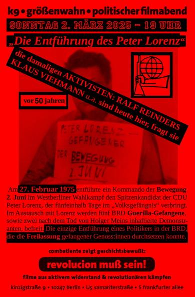 Der Flyer zum Filmabend zeigt das bekannte Foto von Peter Lorenz als Gefangener der Bewegung 2. Juni sowie die Eckdaten zum Filmabend aus dem Beitragstext
