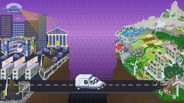 La imatge representa una panoràmica amb dos realitats contraposades, tot dibuixat amb estil pixel-art. A la banda esquerra de la imatge, una ciutat grisa plena de furgonetes de policia, centres comercials, un parlament, un helicopter, tanques, etc... a la banda dreta un entorn més verd, amb petits edificis, una zona d'acampada, una zona de bio construcció, boscos, horts, un riu molt blau, muntanyes i una masia. També es veuen aerogeneradors. Un pont uneix les dues realitats, per on hi circula des de la ciutat i cap a l'entorn verd una furgoneta C15