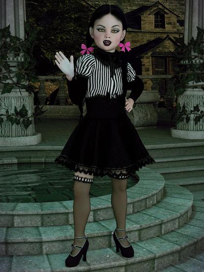 3D fan-art of Wednesday Addams wearing a pretty gothic-lolita dress.