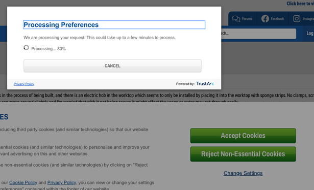 Screenshot of cookie pop-up with a second pop-up that says "Processing Preferences. We are processing your request. This could take up to a few minutes to process. Processing... 83%. Button: Cancel.
