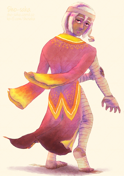 January 2025!Asha
A tired young man with bright red eyes and unkempt shoulder-length white hair looks at the viewer behind as he wears a red robe coat with fire motif and is mostly covered in bandages from neck to toes