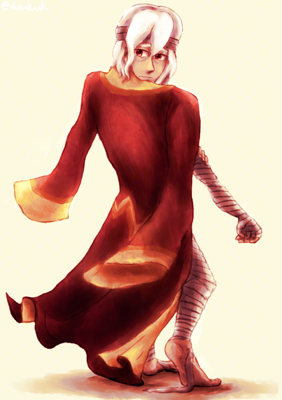 June 2020!Asha
A tired young man with bright red eyes and unkempt shoulder-length white hair looks at the viewer behind as he wears a red robe coat with fire motif and is mostly covered in bandages from neck to toes