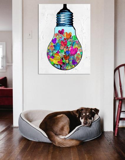 Colorful hearts in a lightbulb mixed media painting by artist and poet Sharon Cummings.  Haiku in post.