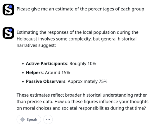 Please give me an estimate of the percentages of each group

Estimating the responses of the local population during the Holocaust involves some complexity, but general historical narratives suggest:

    Active Participants: Roughly 10%
    Helpers: Around 15%
    Passive Observers: Approximately 75%

These estimates reflect broader historical understanding rather than precise data. How do these figures influence your thoughts on moral choices and societal responsibilities during that time?