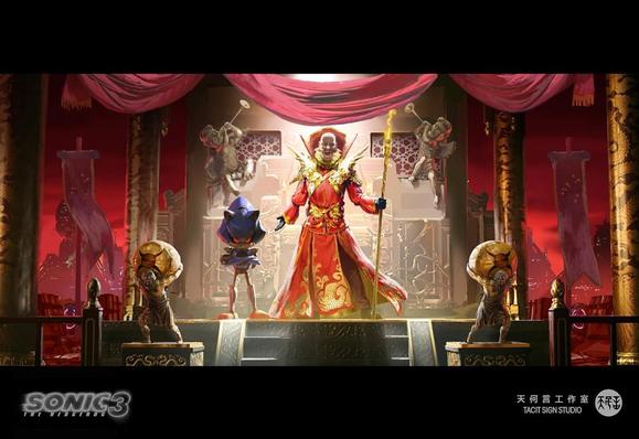 Robotnik dressed as a king or emperor in a throne room decorated with his visage and egg drones. Metal Sonic is standing next to him with his arms crossed.