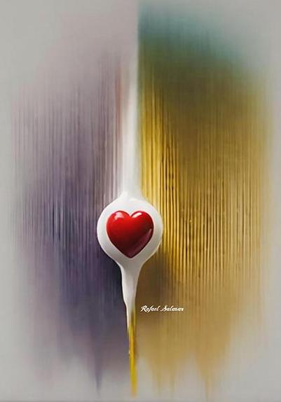 A red heart encased in a white, melting form set against a gradient background blending purple and gold, with vertical textures.