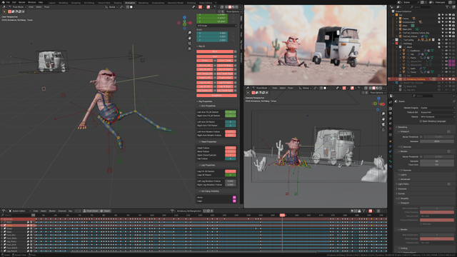 A screenshot of Blender 3D animation software in which a character is being animated. The desert setting includes a TukTuk with the character sitting on the ground before the TukTuk.