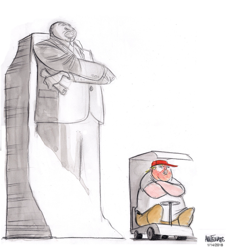 Color editorial cartoon by Anne Tanaeas. Martin Luther King Jr. as if coming out of a block of granite lower legs still block,  all in grey and white pencil.  Arms crossed clutching a scroll.  Chin up face grim.  Below, trump. sitting in a golf cart, also in grey pencil, steering wheel sticking up between his legs, straight awning over his head.  trump pink faced,  arms crossed dressed in a white t shirt and brown pants with a red cap.