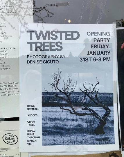A window with flyers and menus in it. The focus is on a flyer that has a black and white photo of a burnt tree in a meadow of dried grass. The text reads "Twisted Trees photography by Denise Cicuto. Opening Party Friday January 31st 6-8pm. Drink specials, Snacks, Craft table, Show runs through March 19th." End description.