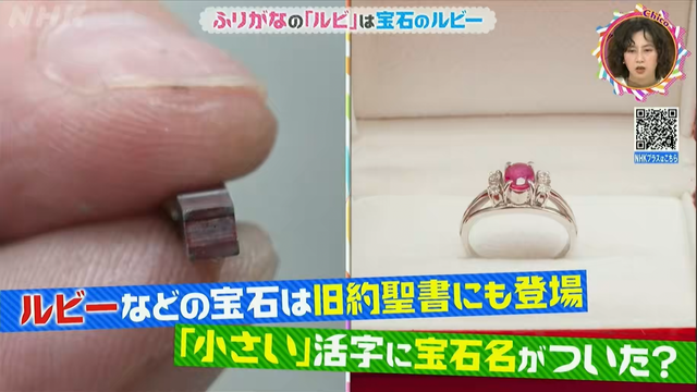 Comparing a “ruby” printing plate with a ruby gem ring.

ルビーなどの宝石は旧約聖書にも登場 「小さい活字に宝石名がついた？