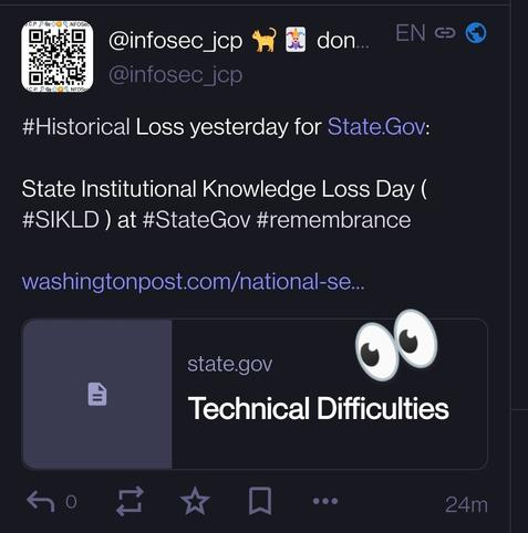 #Historical Loss yesterday for https://State.Gov:

State Institutional Knowledge Loss Day ( #SIKLD ) at #StateGov #remembrance 

https://www.washingtonpost.com/national-security/2025/01/19/trump-state-department-resignations/

With 📎, 🤦‍♂️🧐 #technicaldifficulties 

#RTDNA #news #breakingnews