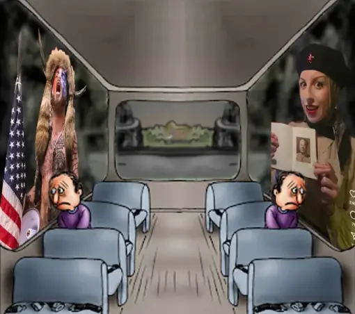two guys on a bus meme shows in this case two unhappy guys staring out on  two sides of the bus; one sees the jan06 riot "buffalo guy", the other sees a portland blogger with soviet star  barett holding up a book with a picture of mao