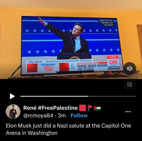Screenshot from X.com showing Elon Musk doing a Nazi salute on live television. “Elon Musk just did a Nazi salute at the Capitol One Arena in Washington”