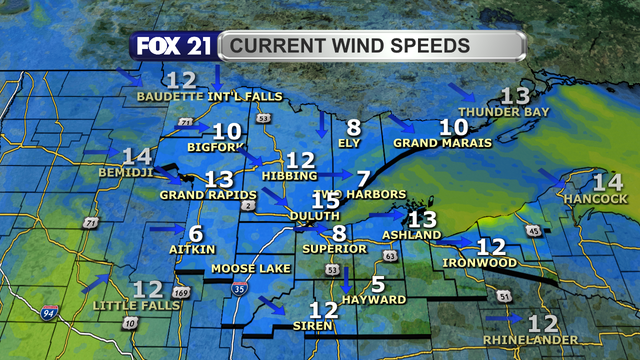 Wind speeds in the Northland just before 2 p.m. on January 20, 2025, range from 5 to 15 mph.  Wind direction is primarily from the northwest and north.