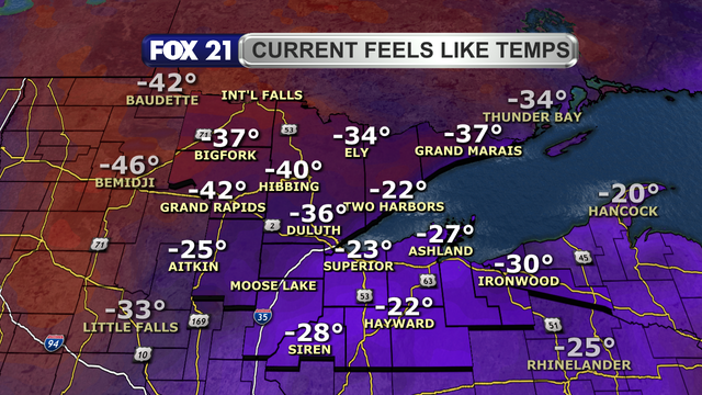 Feel like temperatures in the Northland just before 2 p.m. on January 20, 2025, range from 22-below to 42-below.