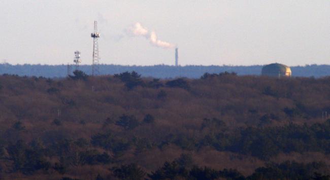 Smokestack, SEMASS recovery facility, 141 Cranberry Highway, West Wareham MA photographed from Buck Hill.