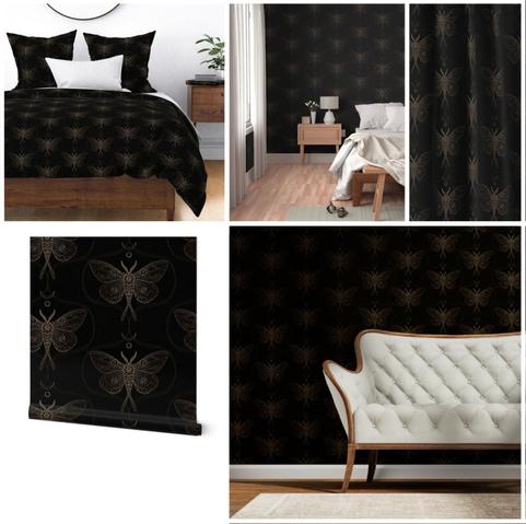 A collage showcasing a sophisticated black wallpaper and textile pattern featuring intricate moth designs with a celestial look in golden tones. The images display the pattern applied to various interior elements, including:

A cozy bedroom setup with a bed dressed in a matching duvet cover and pillowcases, complemented by warm wood furniture.
A stylish room with the wallpaper used as an accent wall, paired with minimalistic decor and soft natural lighting.
A close-up view of the fabric, highlighting the fine details of the moths and their symmetrical arrangement.
A wallpaper roll sample, clearly showing the elegant design against a black background.
A wider view of a wall adorned with the pattern, paired with a vintage white tufted settee, creating a timeless aesthetic.
The design evokes a moody yet refined atmosphere, perfect for adding character to bedrooms, living spaces, or feature walls.