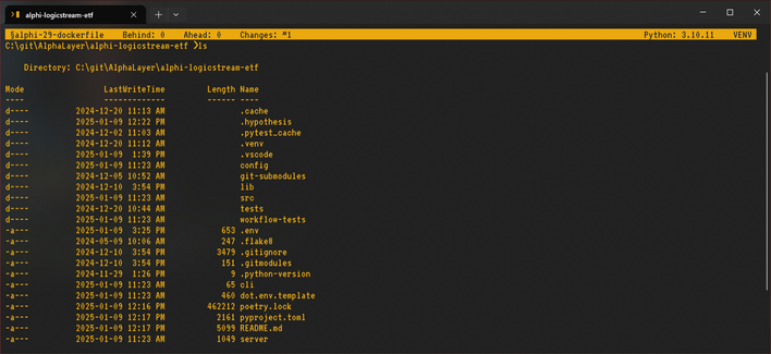 A screencap of a Windows Terminal session. The font is mono-spaced, the colours are orange on a dark grey background. At the top is an oh-my-posh prompt in inverted (black-on-orange) colours resembling a toolbar; on the left is git status information and on the right is Python version and a "VENV" indicator. The sample output is a directory listing.