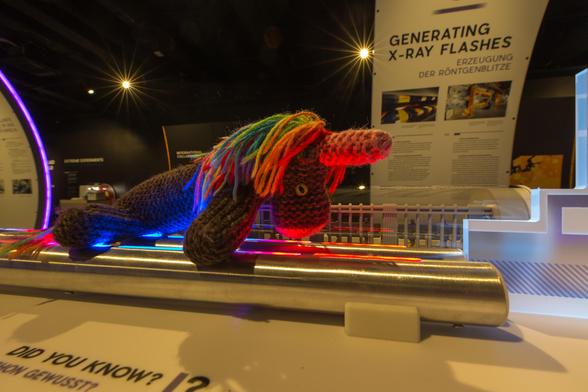 Max, das bunte Strickhorn, ist nun im XFEL-Modell zu Position drei fortgeschritten: in den Undulatoren werden Elektronen durch Magnetfelder auf eine Kurvenbahn gebracht; in jeder Kurve strahlen sie dann Röntgenstrahlen ab. Diese ist, verglichen mit dem Krankenhaus:
– sehr gerichtet (Öffnungswinkel << 1 Grad),
– sehr kurz gepulst (<< 1 Picosekunde),
– sehr kohärent (== macht schöne Interferentmuster).