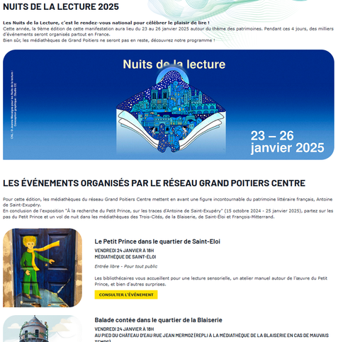 Capture d'écran du site des médiathèques et ludothèques de Poitiers. Une partie des événements est décrite sous le bandeau graphique national des Nuits de la lecture 2025 conçu par Jeanne Macaigne : dans des tons de bleus, deux enfants pénètrent dans une ville baignée de la lumière des étoiles.