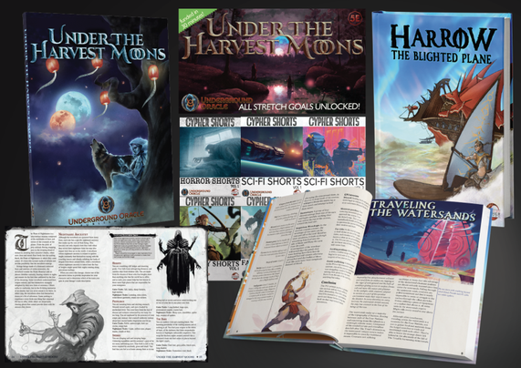 A collage of the pages and covers of titles that graphic designer Chris Hopper has done for Underground Oracle Publishing.