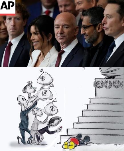 top image: AP photo of Bezos with Zuck and Musk at Inauguration; bottom image: draft of rejected draft by former WaPo cartoonist Telnaes