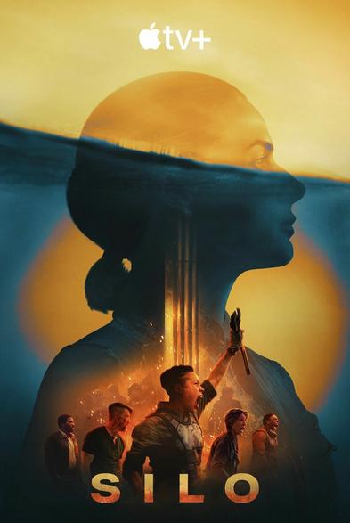 The poster for Silo season 3 shows a large photo of Rebecca Ferguson against a setting sun. Under her are smaller angry people waving their arms.