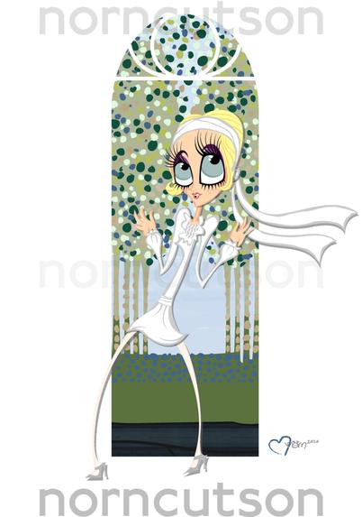 KEN RUSSELL’S THE BOYFRIEND: POLLY.
2010.

A blonde woman with big eyes (most Ken Russell women have big eyes!) poses in front of the tree vignette. She has a white scarf in headband fashion. A simple white short dress over white stockings and silver shoes completes the outfit. She looks clean, sweet, a portrait of innocence and naïveté.
My signature to the lower right.