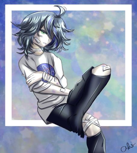 An oc of Strawburi's. He has blue hair, a white shirt, and black shorts and socks. Bandages cover his body in various spots. A soft pastel space background is behind him.