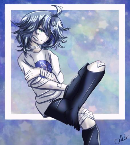An oc of Strawburi's. He has blue hair, a white shirt, and black shorts and socks. Bandages cover his body in various spots. A soft pastel space background is behind him.